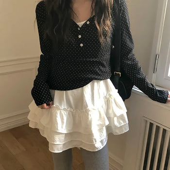 Fry Dot Flat Long Sleeve Tee Polka Dot/Long Sleeve Dot/Dot Button Tee/Buttons/Layered