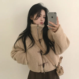 Cute, round, teddy bear fit, Sherpa Fleece High-Neck Duffle Drawstring Two-Way Crop Short Jacket Jumper