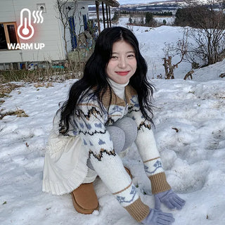 Bobby Heart Nordic Collar Zip-Up Color Block Snowflake Winter Collar Crop Knit Cardigan