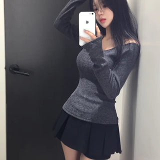 Wide V-Neck Ribbed Long Sleeve T-Shirt