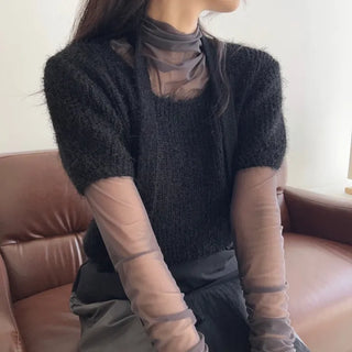 See-through Shirred Turtleneck T-shirt