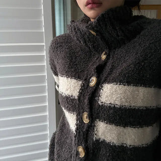 High-neck Striped Boucle Knit Cardigan