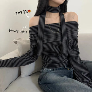 [Choker Set] Thick Striped Off-Shoulder Long Sleeve Tee