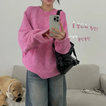 [Gorgeous Color] Thick Alpaca Wool Loose Fit Round Long Sleeve Knit