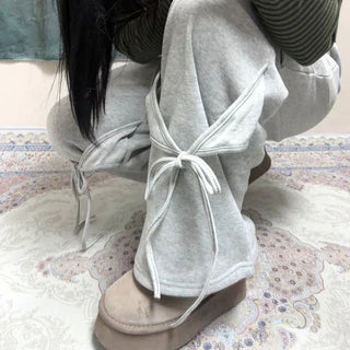 Asymmetrical Tie Sweatpants  Ribbon Lovely Hip Ballet Core Daily Simple Basic Training Pants Wide Pants Fleece-lined Pants Transitional Season Winter Tracksuit Ribbon Pants Sweatpants Cotton Pants y2k
