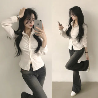 Figure-flattering Suede Shirred Collar Delicate Fit Long Sleeve Shirt