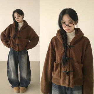 Double the cuteness with toggle buttons! Sherpa Fleece Pocket Toggle Button Hooded Cardigan Short Jacket