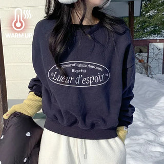 Lure Double-Fleece Crop Embroidered Sweatshirt Winter Oversized French Lettering Short Sweatshirt