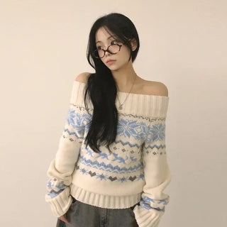 Non-Slipping Ribbed Off-Shoulder Snowflake Nordic Jacquard Loose Fit Long Sleeve Knit