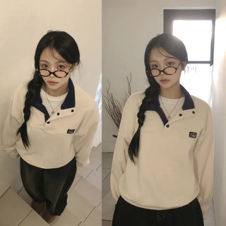 Full of Cuteness, Color-Block Collar Totto Button High Neck Logo Patch Loose Fit Sweatshirt
