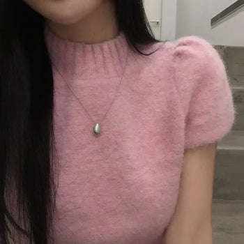 Short Sleeve High-Neck Alpaca Knit
