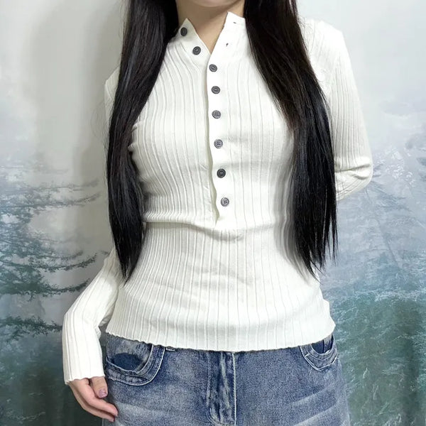 Basic Ribbed Button Knit T-shirt  Simple Knit Sweater Knit Tee Long Sleeve Tee Long Sleeve Y2K Vintage Daily Delicate Fit Slim Fit Fleece-lined Long Sleeve Tee Layering Transitional Season Winter