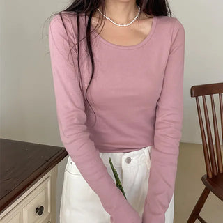 Long Sleeve Version. Stretchy U-Neck Plain Slim Fit Long Sleeve T-shirt for Inner Layering that Makes Your Figure Look Truly Beautiful
