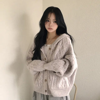 Lovely Mood, Thick Cashmere Wool Alpaca Cable Knit Hooded Loose Fit Cardigan
