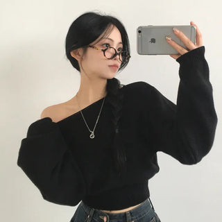 Guaranteed Beauty, One-Off Shoulder Lip Neck Avant-Grip Cashmere Wool Plain Crop Long Sleeve Knit