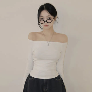 Figure-flattering Off-shoulder Slim Fit Plain Fleece-lined Long Sleeve T-shirt