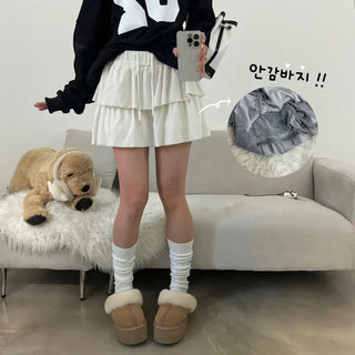 [Lined Pants] Velour Velvet Tiered Elastic Mini Skirt
