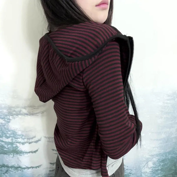 Daily Striped Zip-up Hoodie  Y2K Vintage Hoodie Zip-up Delicate Fit Slim Fit Two-way Zip-up Striped Cropped Layered Transitional Season Spring New Arrival Long Sleeve Tee Long Sleeve Hooded Long Sleeve Tee