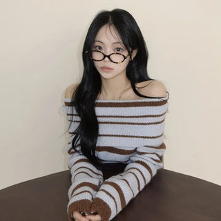 Soft, Mint Chocolate Chip Off-Shoulder Contrast Striped Delicate Fit Slim Long Sleeve Knit