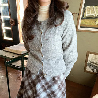 Pudding Wool Sherpa Knit Cardigan Round Layered Long Sleeve Sweater