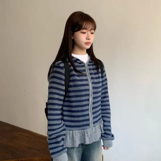 Wreath Stripe Hooded Frill Cardigan