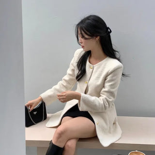 Remiel Boucle Fur Collarless Round Neck Jacket Dress
