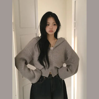 Full of cuteness, soft wool ribbed silver patch pendant avant-garde fit semi-cropped hooded zip-up knit cardigan