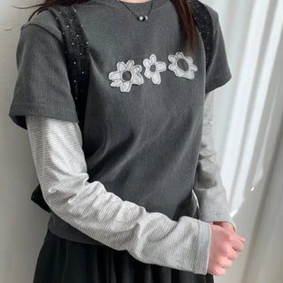 Floral embroidered layered long-sleeve tee