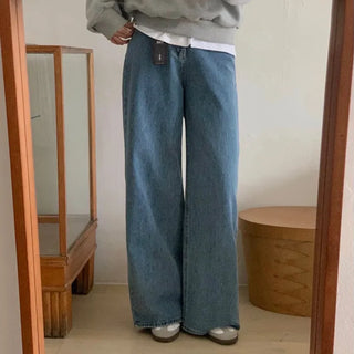 Basic Medium Blue Long Wide Straight Denim Pants