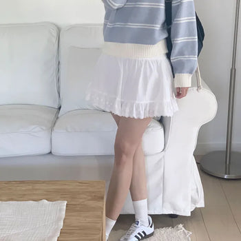 Spring Lace Shirred Flare Mini Skirt