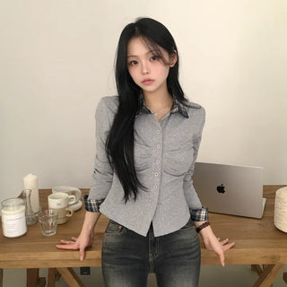 Slimming Check Collar Cuff Shirred Long Sleeve Shirt Cardigan
