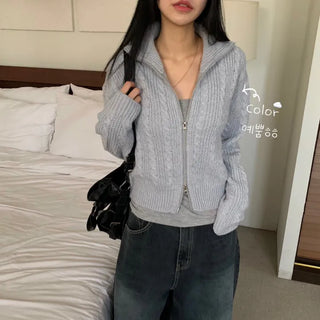 [New Spring Arrival] Heathered Hacci Cable Knit Turtleneck Loose Fit Knit Cardigan