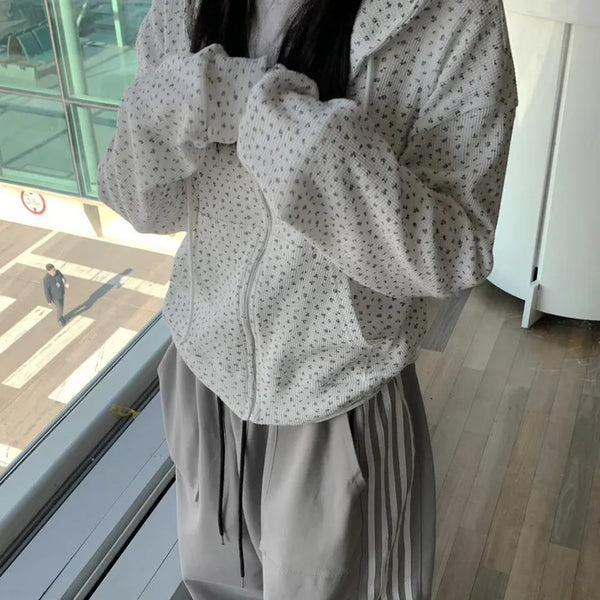 [High Demand] Loose Fit Waffle Flower Zip-Up Hoodie