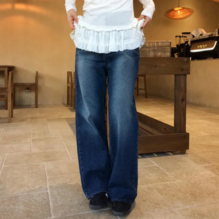 Four Seasons Damaged Wash Wide Denim Medium Blue Black Vintage