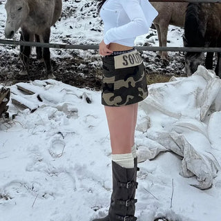 Camo Low-Rise Lettering Mini Skirt