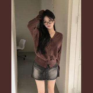Guaranteed Beauty, Soft Wool Plain V-Neck Avant Loose Fit Long Sleeve Knit Cardigan