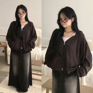 Two-way Contrast Fine Stripe Oversized Zip-Up Hoodie, Perfect for Comfortable Wearing During Transitional Seasons