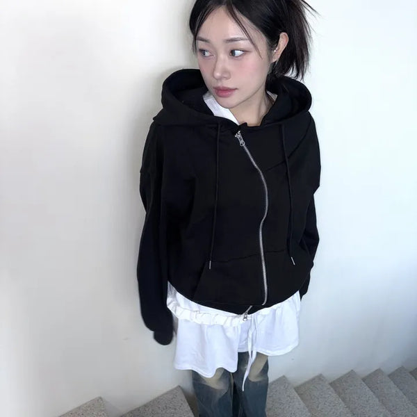 Diagonal Curve Zip-up Hoodie  Oversized Loose Fit Daily Basic Simple Unique Two-way Transitional Season Spring New Arrival Hoodie Zip-up Sweatshirt Zip-up Outerwear Spring
