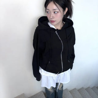 Diagonal Curve Zip-up Hoodie  Oversized Loose Fit Daily Basic Simple Unique Two-way Transitional Season Spring New Arrival Hoodie Zip-up Sweatshirt Zip-up Outerwear Spring