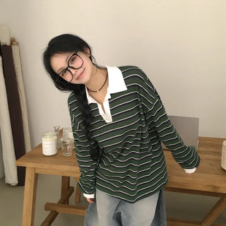 Full of Cuteness, Contrast Collar Stripe Boxy Rugby Long Sleeve T-shirt