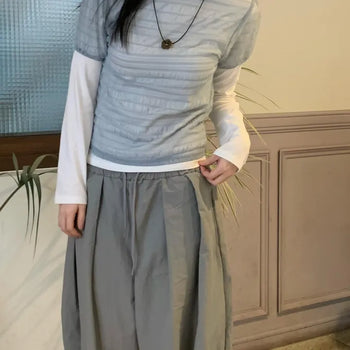 Layered Shirred See-through Blouse Short Sleeve Tee (4 colors)