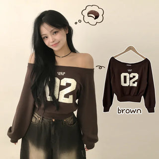 Slimming Off-shoulder Vintage Number Lettering Crop Sweatshirt