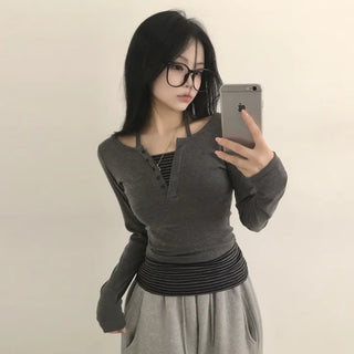 Delicate~ Slim fit, Two-tone color block striped halter neck button layered slim long-sleeve t-shirt