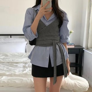 Levene Wool Wrap Ribbon Crop Knit Top Bustier