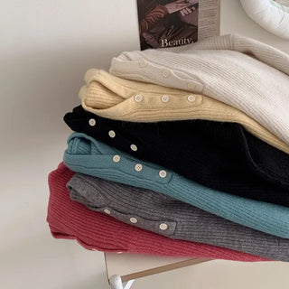 ◈◈ Hooded Knit V-Neck Long Sleeve Buttoned Ribbed Wool Knit Sweater
