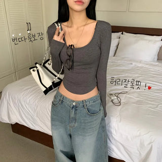 [Lightly Fleece-lined/Snapshot] Slim Square Neck Rounded Basic Long Sleeve Tee