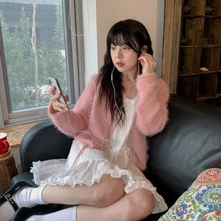 Pine Needle Hairy Semi-Crop Knit Cardigan Angora V-Neck Ribbon Long Sleeve Loose Fit String Sweater