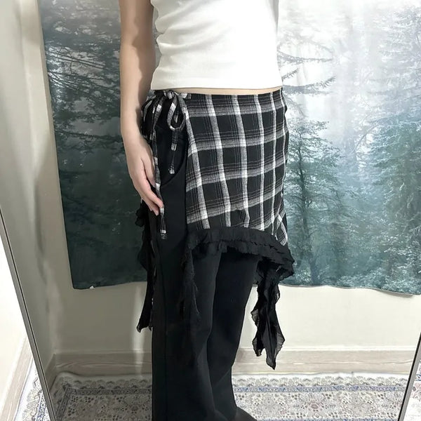 Layered Checktail Wrap Skirt  Vintage Bohemian Layered Frill Lace Check Skirt Mini Skirt Asymmetrical Y2K New Spring Arrival Elastic Waist Long Skirt Wrap Skirt Spring Clothes