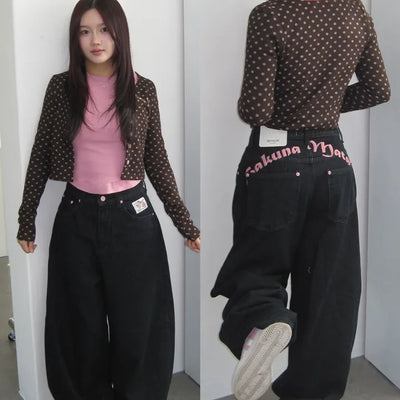 Back-Point Embroidered Lettering Rose Pocket Wide Denim Pants