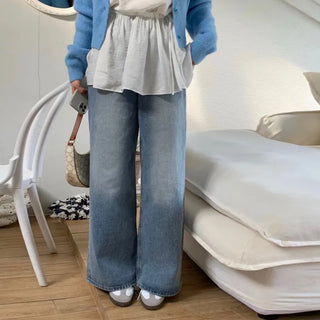 Renber Light Wash Long Wide Straight Denim Pants